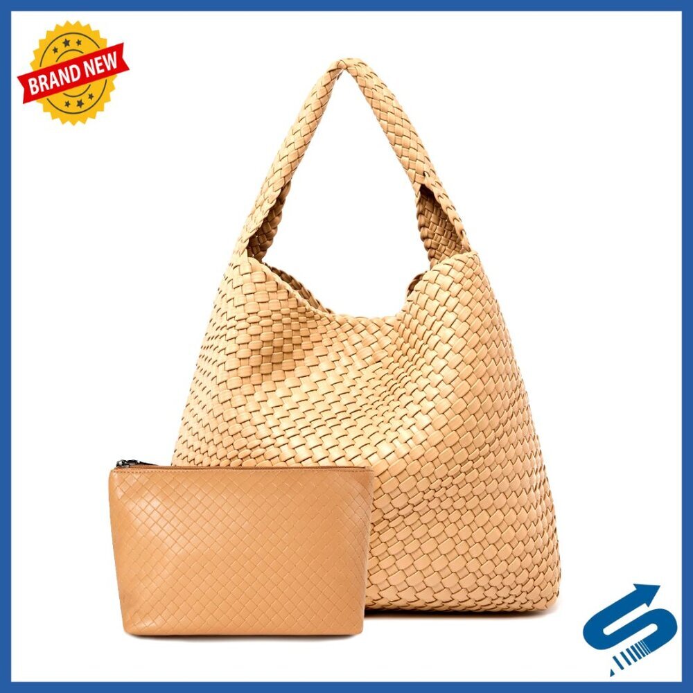 Large Woven Tote Bag with Clutch, Vegan Leather, Spacious 3 Compartments